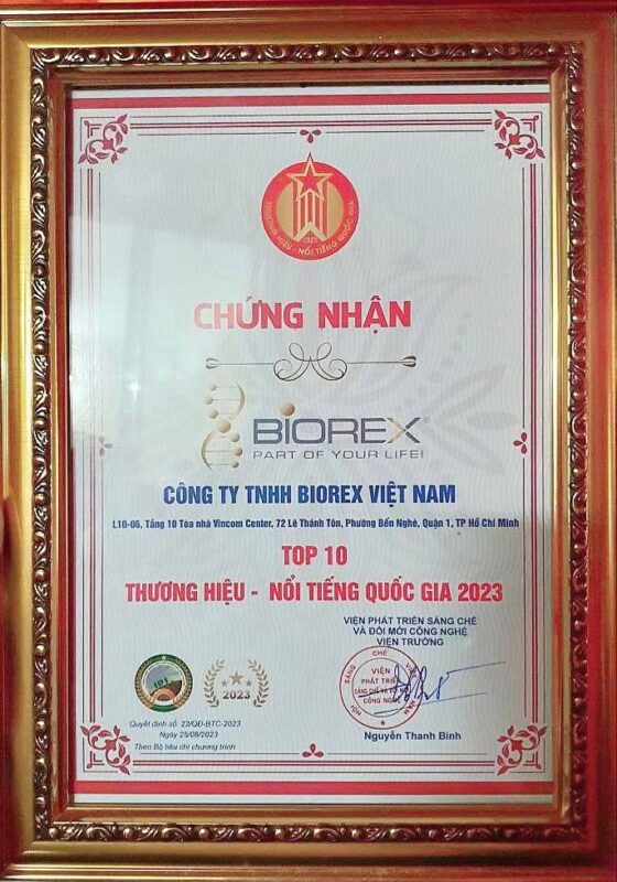 Chứng nhận Top 10 Thương Hiệu Nổi Tiếng Quốc Gia của Công ty Biorex Việt Nam